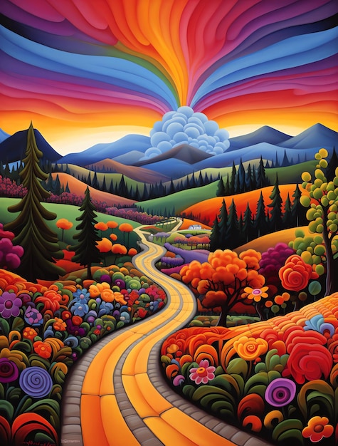 Photo a colorful painting of a road with a rainbow in the background