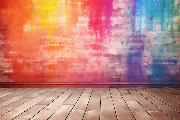 Photo a colorful painting of a room with a wooden floor and a wall with a quote on it