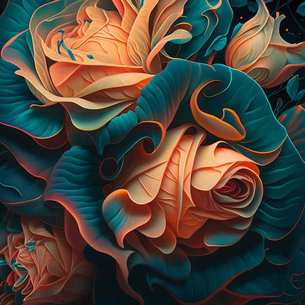 A colorful painting of a rose with a black background.