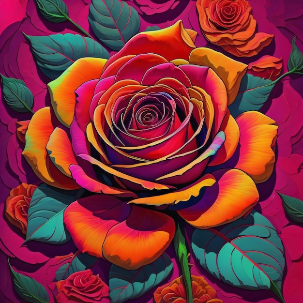 A colorful painting of a rose with leaves on it