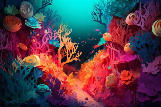 A colorful painting of a sea with a coral reef and a fish swimming in it.