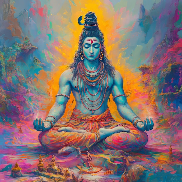 A colorful painting of Shiva a Hindu deity meditating in a lotus position surrounded by vibrant landscapes