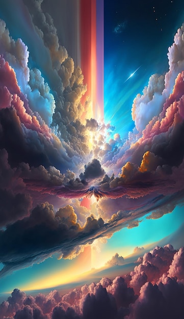 A colorful painting of a sky with clouds and the sun shining through it.