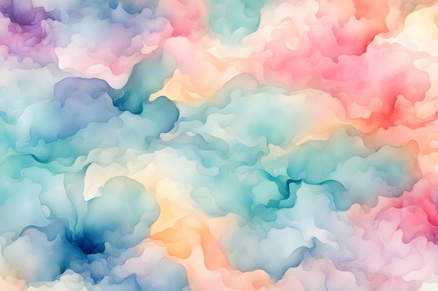 A colorful painting of a sky with clouds in various shades of blue pink