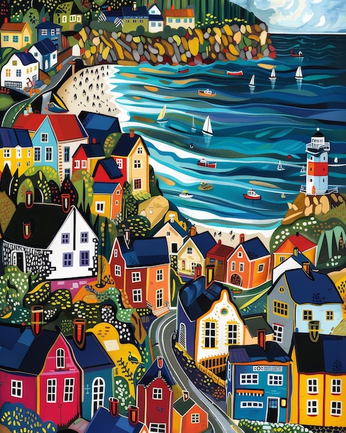 Colorful painting of a small town on the coast of the Atlantic Ocean