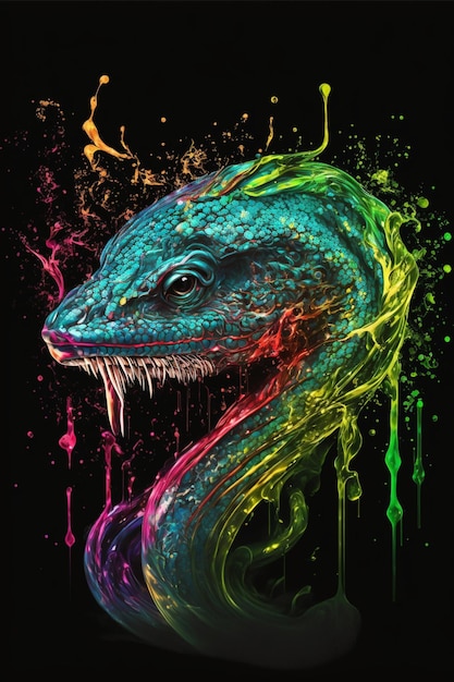 Colorful painting of a snake on a black background generative ai