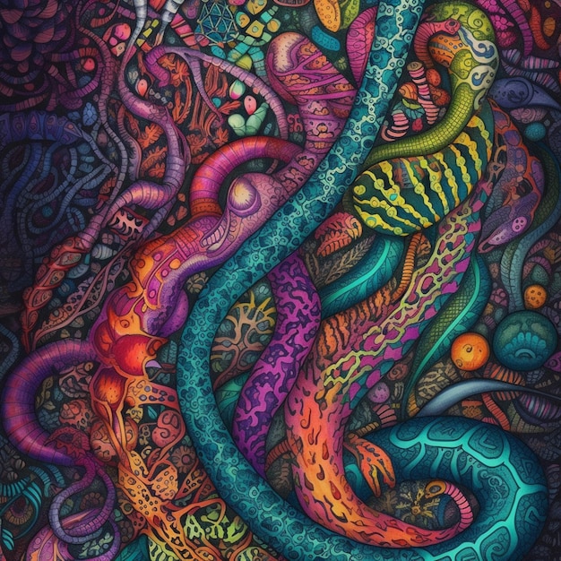 A colorful painting of a snake and the words " the word " on it.