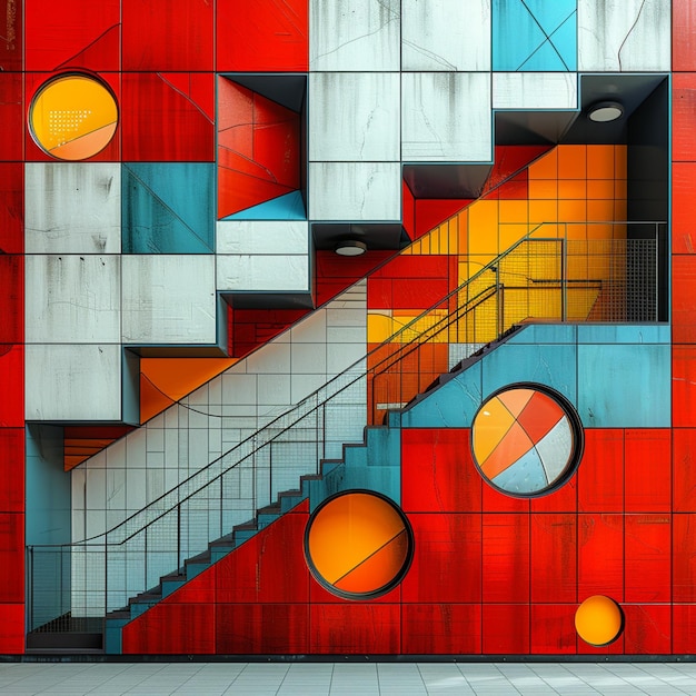 a colorful painting of a staircase and stairs is shown with a red and blue and orange