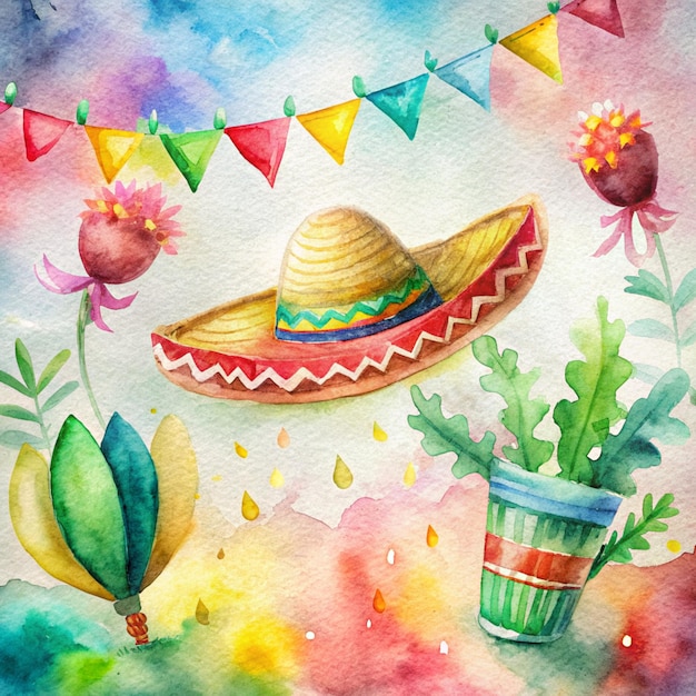 a colorful painting of a straw hat and a straw hat with a colorful background