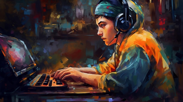 Colorful Painting Style Illustration of a Female Gamer with Headphones and pc gamer