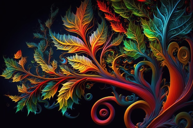 A colorful painting of a tree with a spiral design.