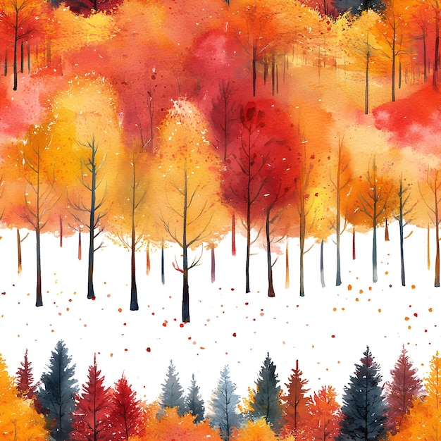 A colorful painting of trees and snow in the background