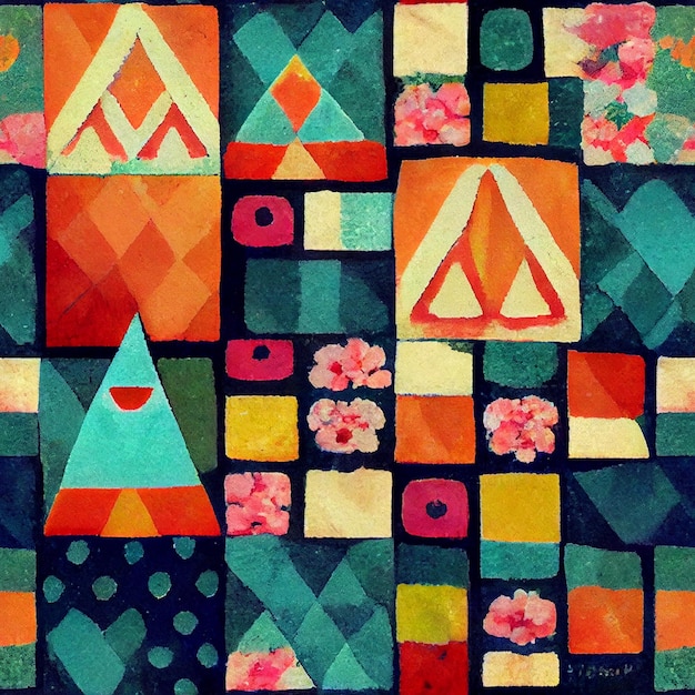 A colorful painting of a triangle with the letters m on it