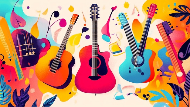 a colorful painting of two guitars and a colorful background with a colorful background