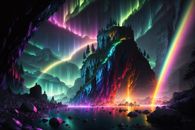 A colorful painting of a waterfall with the lights on it.