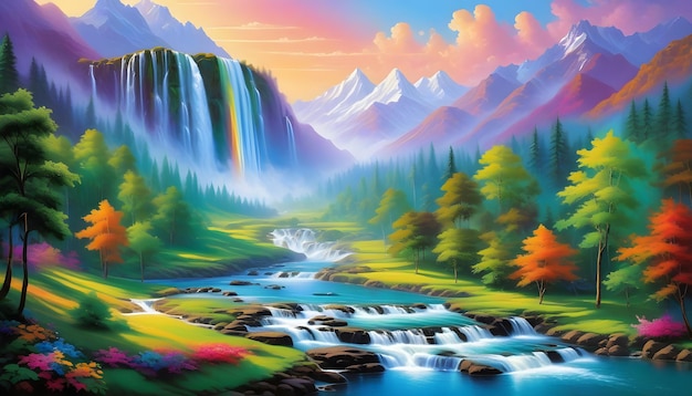 a colorful painting of a waterfall with a waterfall in the background