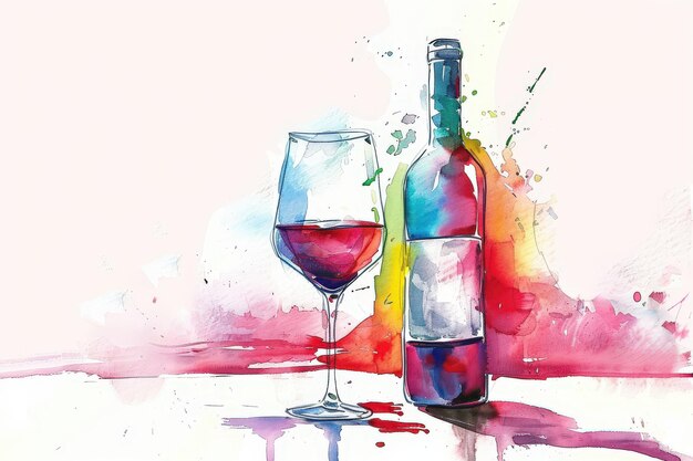 Photo a colorful painting of a wine glass and a bottle of wine generative ai image