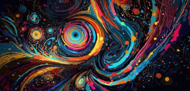 A colorful painting with a black background and a blue background with a swirly pattern.