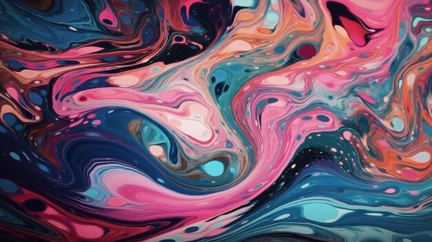 A colorful painting with a black background and a pink and blue swirls.