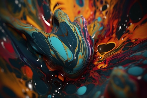 A colorful painting with a black background and a red and blue paint swirls.