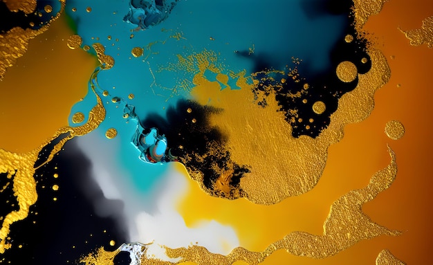 A colorful painting with a black background and yellow and blue colors.