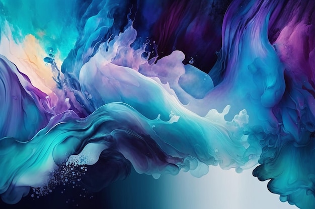 A colorful painting with a blue background and purple paint splashes.