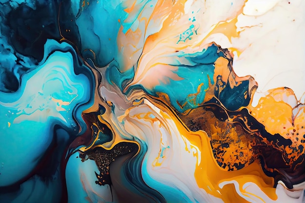 A colorful painting with a blue and gold swirls.