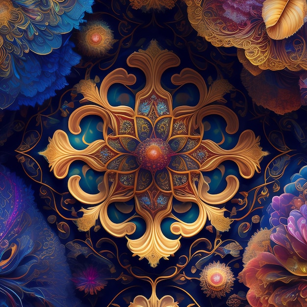 A colorful painting with a floral design and a blue background.