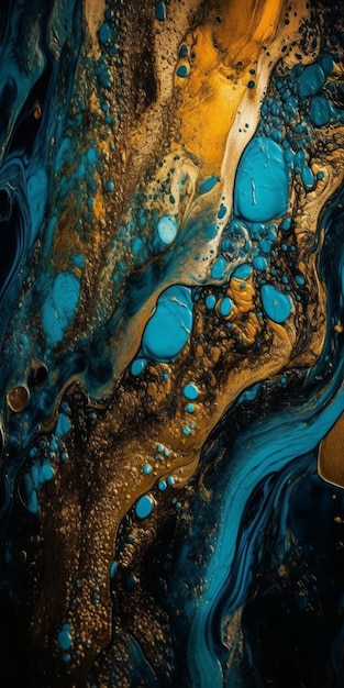 A colorful painting with gold and blue paint.