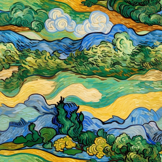 A colorful painting with a mountain landscape in the background.