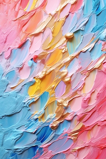 A colorful painting with a pink and blue background