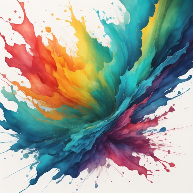 A colorful painting with a splash of paint and a white background.