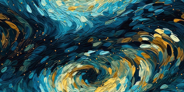 A colorful painting with a swirl of blue and yellow colors.