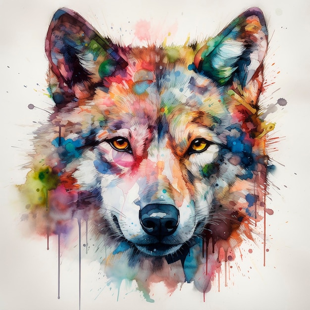 A colorful painting of a wolf with a black nose and a yellow eye.