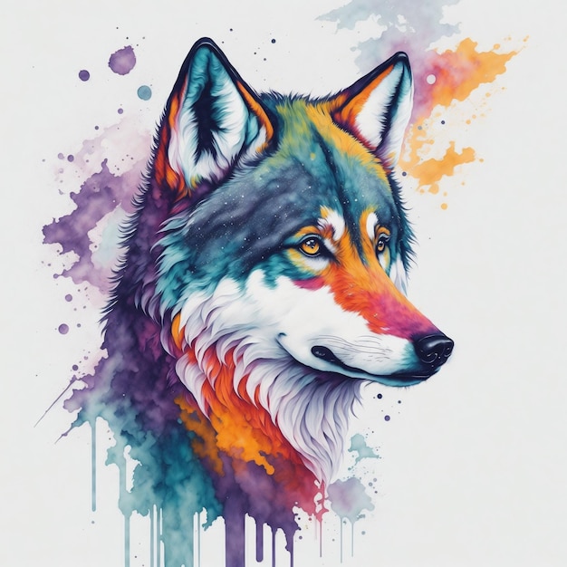 A colorful painting of a wolf with a head and eyes.