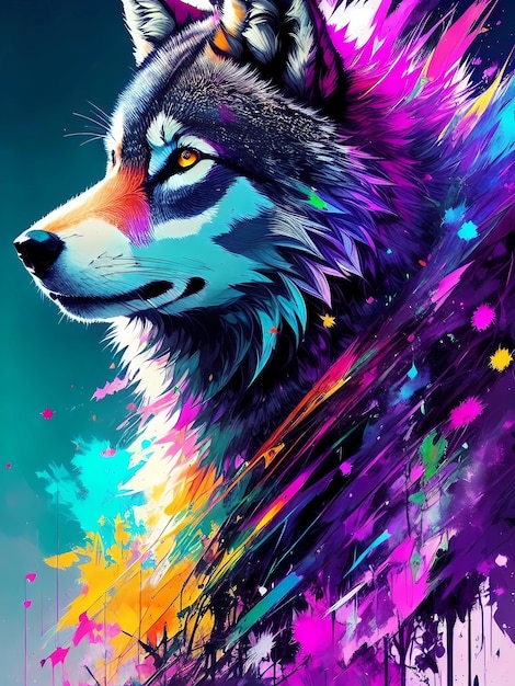 A colorful painting of a wolf