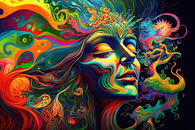 A colorful painting of a woman's face with the colors of the rainbow.