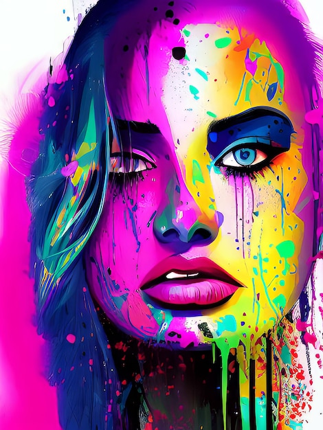 A colorful painting of a woman's face with paint splatters on it.