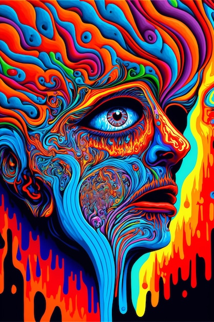 A colorful painting of a woman's face with the words " the eye " on it.