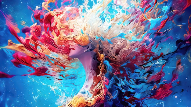 A colorful painting of a woman's head and hair.