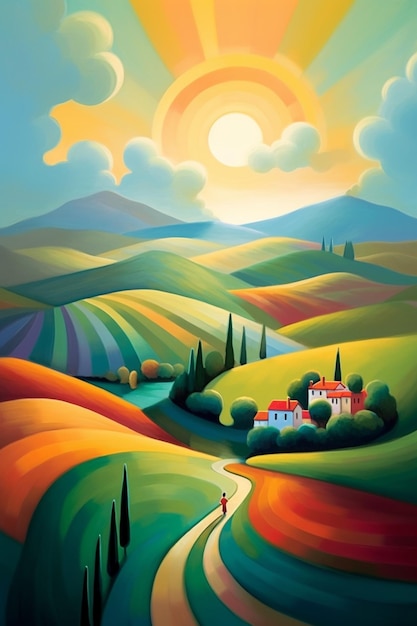 A colorful painting of a woman walking down a winding road.