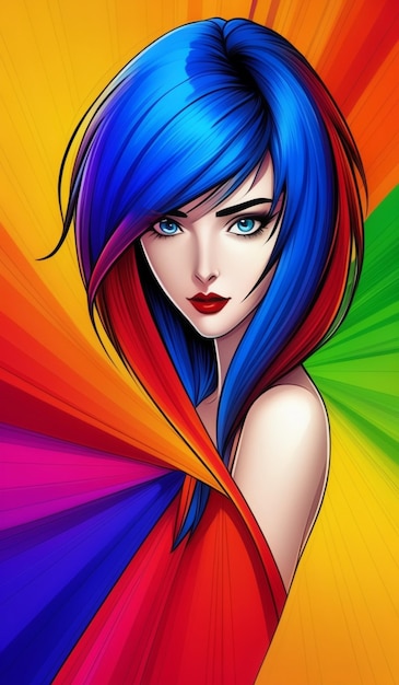 a colorful painting of a woman with blue hair and a rainbow colored hair