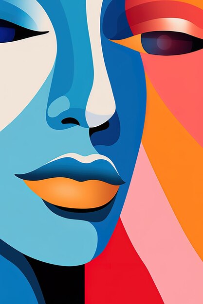 a colorful painting of a woman with a blue and orange lips