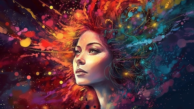 A colorful painting of a woman with a colorful hair