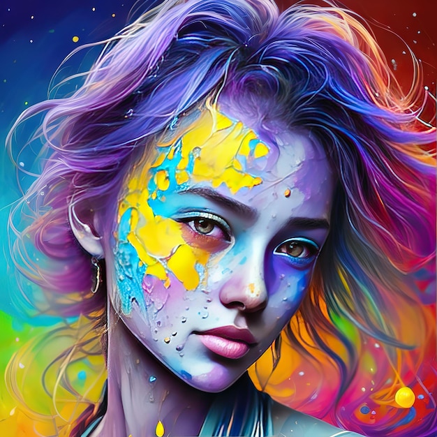 A colorful painting of a woman with a face painted with colors and the word " rainbow " on it.