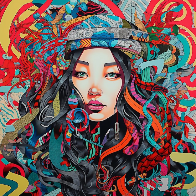 A colorful painting of a woman with long hair and a hat with the word snake on it.