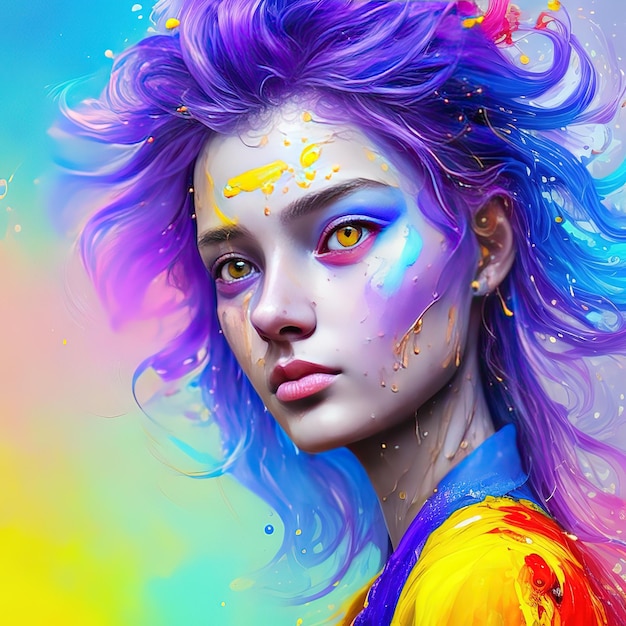 A colorful painting of a woman with purple hair and colorful hair.