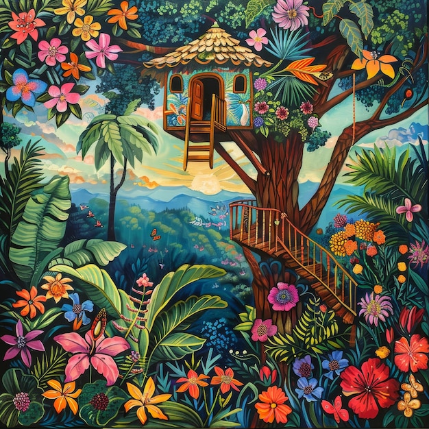 Colorful painting of a wooden house in the jungle with flowers