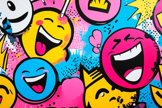 Photo a colorful painting of a yellow and pink smiley face