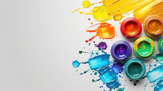 Photo colorful paints spilled from jars on white surface